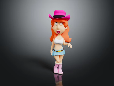 Red Haired Cartoon Character Wearing Pink Cowboy Hat White Top Blue Skirt And Pink Boots 3d model