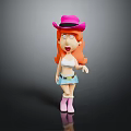 Red Haired Cartoon Character Wearing Pink Cowboy Hat White Top Blue Skirt And Pink Boots
