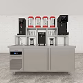 Stainless Steel Commercial Beverage Functional Table with Coffee Machines Red Containers and Under Counter Refrigeration