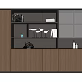 Modern Bookcase Design Featuring Wooden Panels Glass Doors Open Shelves And Decorative Items