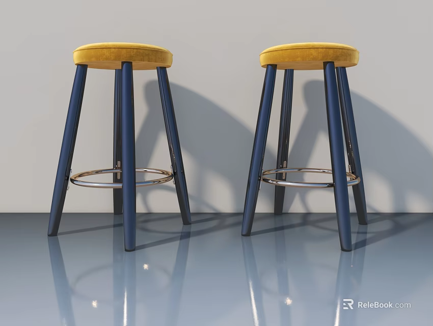 Modern Bar Stools With Yellow Cushioned Seats Navy Blue Legs And Metal Ring Footrest 3d model 