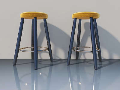 Modern Bar Stools With Yellow Cushioned Seats Navy Blue Legs And Metal Ring Footrest 3d model