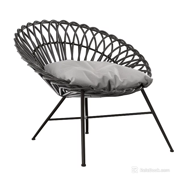 Modern Rattan Leisure Chair with Curved Backrest Gray Cushion and Black Metal Frame 3d model 