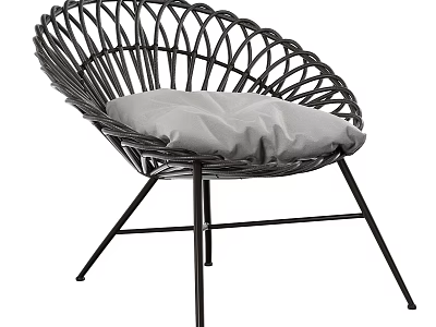 Modern Rattan Leisure Chair with Curved Backrest Gray Cushion and Black Metal Frame 3d model