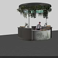 Modern Round Bar Counter With Hanging Green Plants Bartender And Sunset Sky