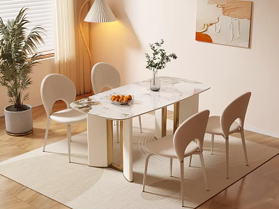 Elegant Modern Marble Dining Table Set with Four Beige Chairs and Potted Plant 3d model