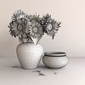 Sunflower Bouquet In Dark Ceramic Vase With Small Clay Pot On Wooden Table