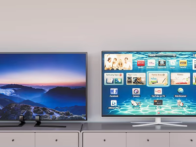 Two Modern Televisions Displaying Natural Landscape And Smart App Interface On Cabinet 3d model