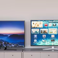 Two Modern Televisions Displaying Natural Landscape And Smart App Interface On Cabinet