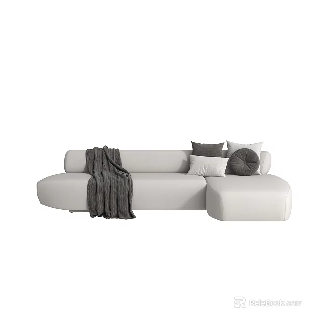 Modern Light Gray Sectional Sofa With Soft Cushions Various Pillows And Throw Blanket 3d model