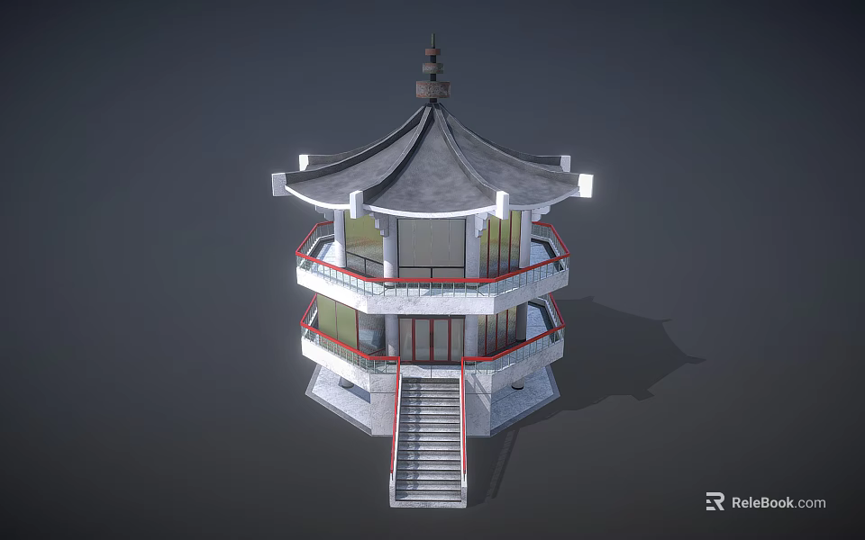 Traditional Chinese Multi tiered Pavilion With Curved Roof Red Railings And Staircase 3d model 