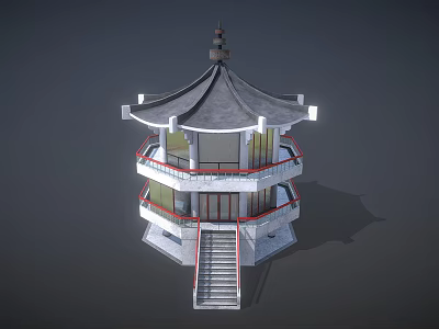 Traditional Chinese Multi tiered Pavilion With Curved Roof Red Railings And Staircase 3d model