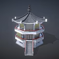 Traditional Chinese Multi tiered Pavilion With Curved Roof Red Railings And Staircase
