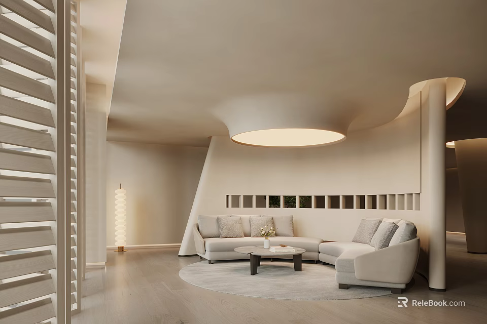 Hotel Lobby Interior Modern Minimalist Design With Circular Ceiling Light Beige Sofas And Wooden Flooring 3d model 