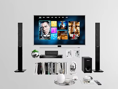 Home Entertainment TV with Tall Black Speakers Movie Thumbnails Media Player and Decorative Items 3d model