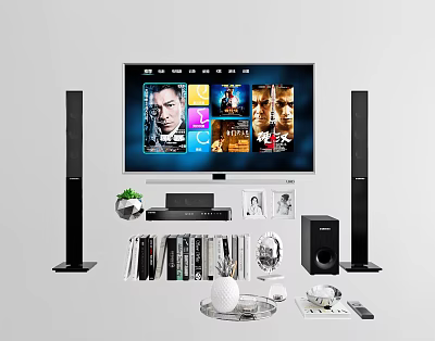 Home Entertainment TV with Tall Black Speakers Movie Thumbnails Media Player and Decorative Items 3d model
