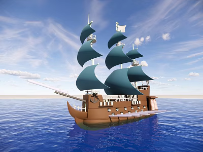 Wooden Sailing Ship With Green Sails Floating On Blue Sea Under Clear Sky 3d model