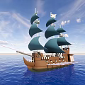 Wooden Sailing Ship With Green Sails Floating On Blue Sea Under Clear Sky