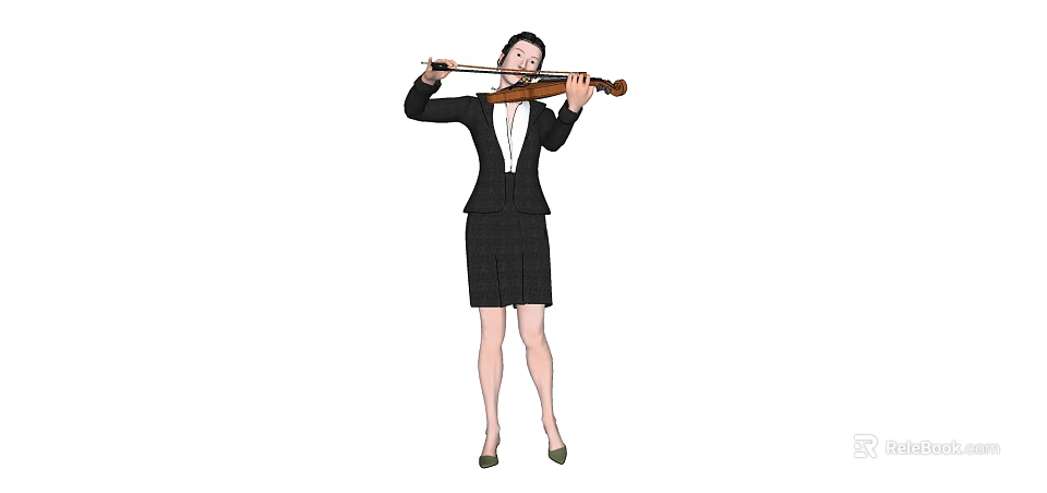 A Woman Playing The Violin In Professional Black Suit And Skirt With Heels 3d model 