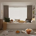Cozy Bay Window Seating Area With Colorful Pillows Curtains And Sunlight