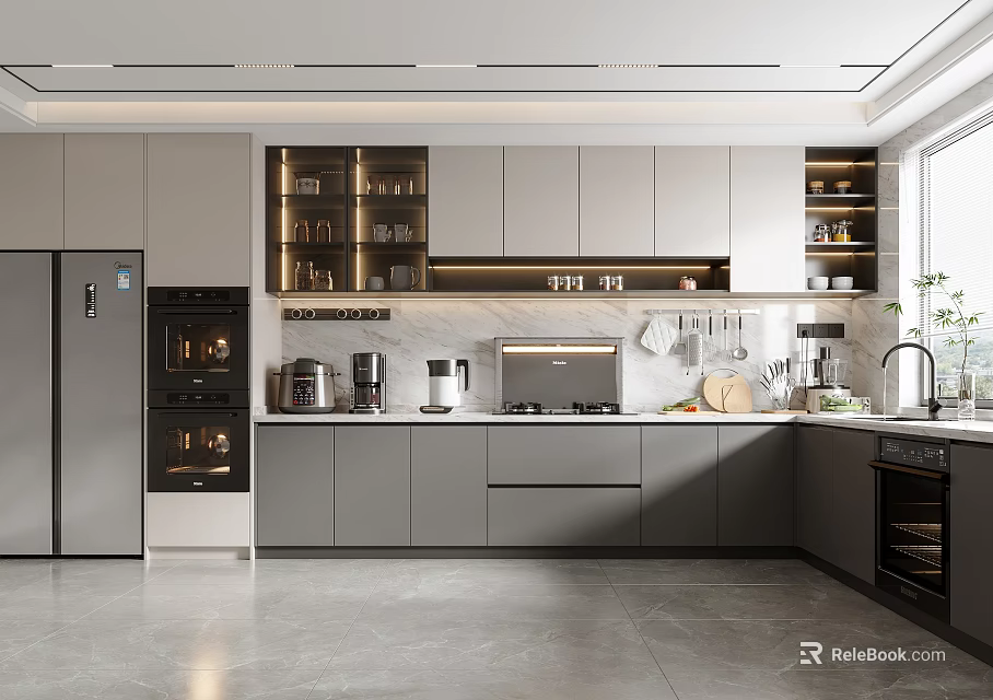 Modern Kitchen Interior Design With Cabinets Built In Appliances And Island Countertop 3d model 
