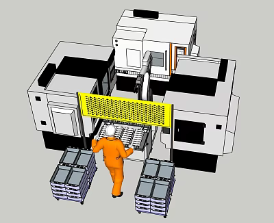 Large Industrial Manufacturing Equipment With Safety Guardrail And Worker Operating Pallets 3d model