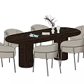 Modern Oval Black Dining Table Set With Six Light Colored Chairs And Decorative Vase 3d model