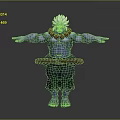 Muscular Blue Skinned Character with White Hair Red Necklace Braided Belt Green Pants Outstretched Arms