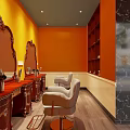 Elegant Beauty Hair Salon Interior With Orange Walls Gray Ceiling White Vanities Mirrors And Chairs