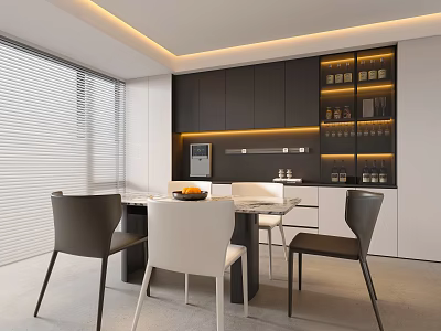 Modern Restaurant Dining With Dark Cabinets White Countertop Table Chairs Window Blinds And Recessed Lighting 3d model