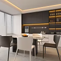 Modern Restaurant Dining With Dark Cabinets White Countertop Table Chairs Window Blinds And Recessed Lighting