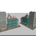 Cartoon City Scene With Two Green Gray Buildings Windows And Antennas Details