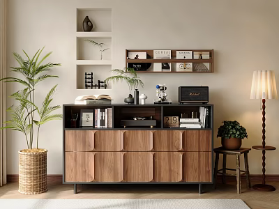 Modern Walnut Bookcase With Open Closed Storage Compartments And Decorative Items 3d model