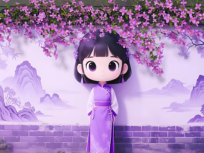 Scenic Wall With Purple Flowering Vines Cartoon Girl In Purple Hanfu And Landscape Painting 3d model