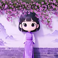 Scenic Wall With Purple Flowering Vines Cartoon Girl In Purple Hanfu And Landscape Painting