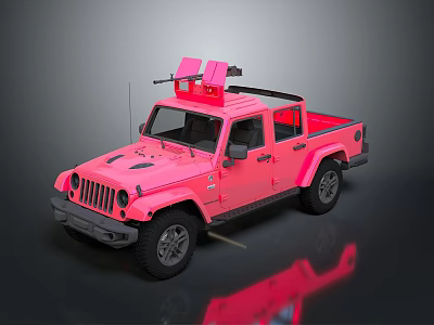 Pink Off Road Pickup Truck With Red Roof Equipment And Black Rack Large Tires 3d model