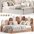 Kids Bed with Curved Headboard Brown Beige Pillows and Soft Blanket