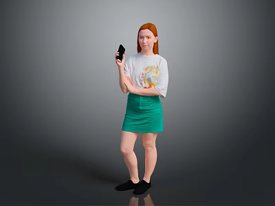 Red Haired Woman In White T-Shirt With Colorful Graphic Green Skirt And Black Shoes Holding Smartphone 3d model