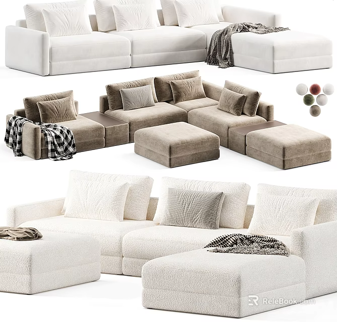 Stylish Sectional Sofa Designs With Plush Cushions Ottoman And Throw Blanket 3d model 