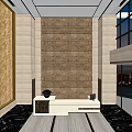 Elevator Hallway With Wooden Panel Walls Round Pendant Lights Light Wood Flooring And Black Stripes