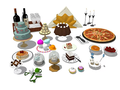 Colorful Assorted Food Display With Cakes Pizza Fruits Desserts And Beverages 3d model