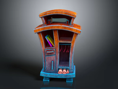 Multifunctional Storage Cabinet with Orange Top Blue Base Drawer and Pink Slippers on Lower Shelf 3d model