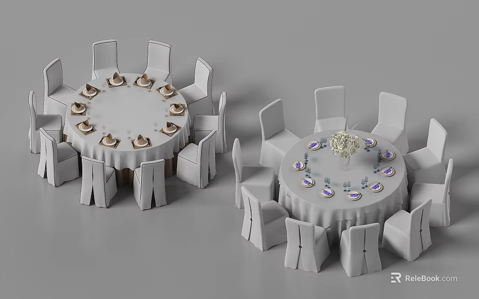 Elegant Round Dining Table And White Chair Set With Tableware And Decorations 3d model