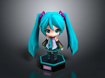 Chibi Anime Character Figure With Blue Green Pigtails Pink Hair Accessories And Black Base 3d model