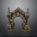 Medieval Stone Archway Featuring Irregular Blocks Carved Pillars Spire Decorations And Wooden Doors With Moss