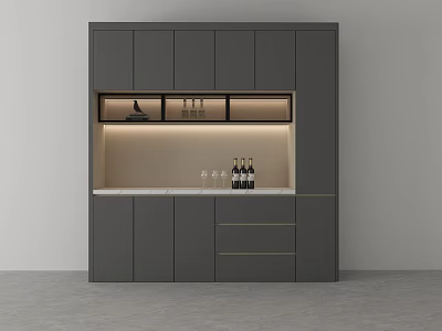 Modern Dark Gray Wine Cabinet With Built in Lighting Open Storage And Marble Countertop 3d model