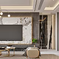 Elegant Modern Dining and Living Room Interior With Marble Wall Chandelier and Sofa