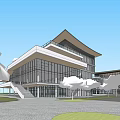 Modern Multi Storey Office Building With Glass Curtain Walls Green Trees And Pedestrian Plaza