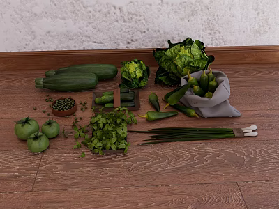 Fresh Green Vegetables on Wooden Floor with Cucumbers Lettuce Tomatoes and Spring Onions 3d model