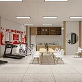 Multi Functional Indoor Space With Bookshelves Round Mirror Green Plants Exercise Equipment Tables And Chairs